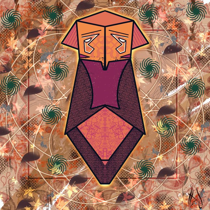 A symmetrical digital artwork featuring a geometric, mask-like face in orange and purple tones, surrounded by a background of green spiral motifs and abstract patterns on a warm, brownish backdrop.