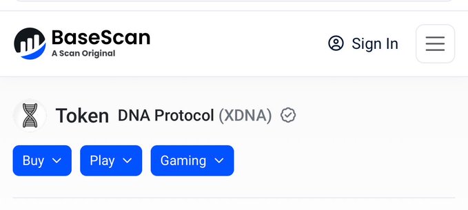 Screenshot from BaseScan showing the 'Token DNA Protocol (XDNA)' with Buy, Play, and Gaming dropdown buttons and a Sign In option.