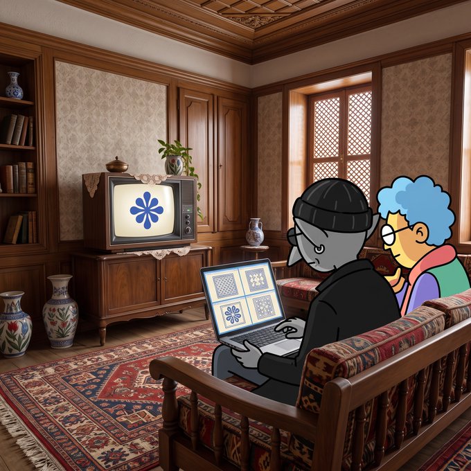An illustrated scene of two cartoon characters sitting on a couch in a vintage wood-paneled living room, watching an old television displaying a blue flower symbol while one uses a laptop showing similar flower designs.