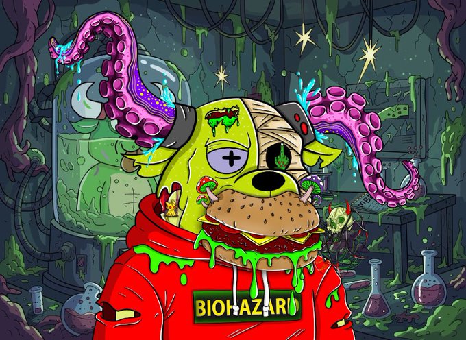 A cartoon zombie dog with purple tentacles for ears wears a red hoodie labeled 'BIOHAZARD' and holds a burger dripping with green slime, set in a grungy, goo-covered lab filled with beakers and a glass tank.