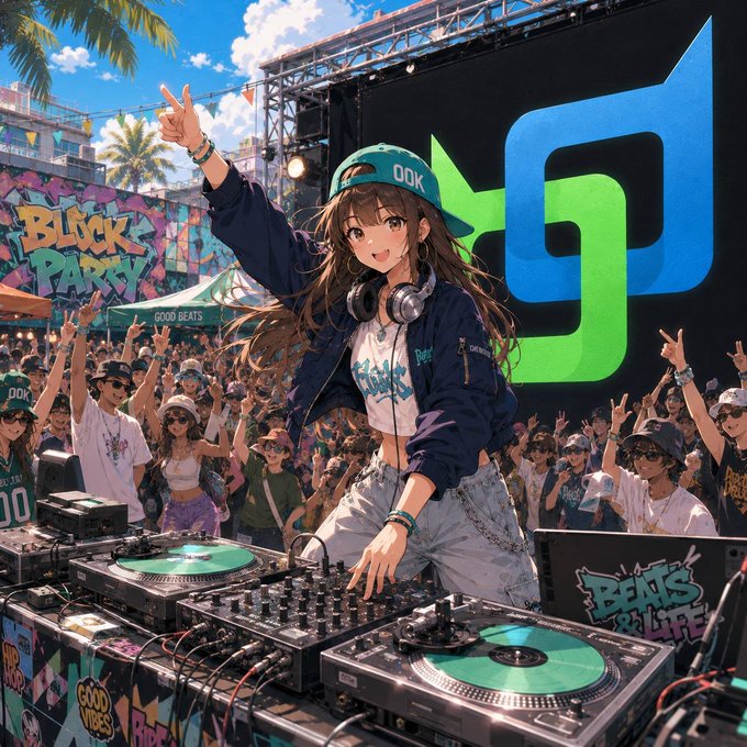 An anime-style illustration depicts a female DJ performing at an outdoor festival, wearing headphones and a cap with 'OOK' written on it, while a crowd cheers behind her near a banner reading 'BLOCK PARTY' and 'GOOD BEATS'.