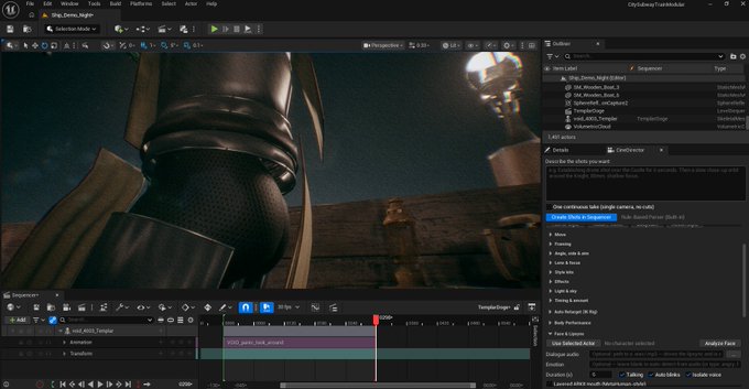 A screenshot of Unreal Engine shows a close-up of a sci‑fi armor piece fitted over a character model in a dimly lit environment. The post says “The Aliens are CAKED UP. Testing the armor in UE. Wtf Astra.”, and the visible UE editor interface, “TemplateTemplar,” “Add,” and the “Details” panel highlight the armor test.