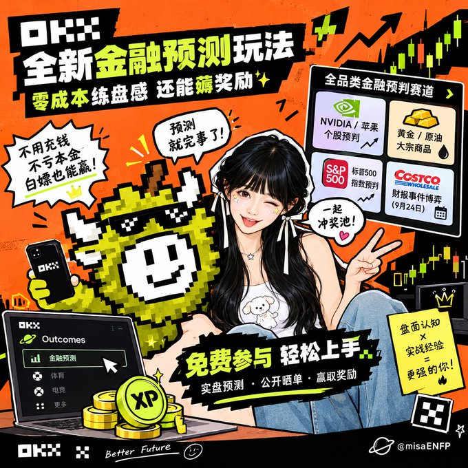A vibrant orange promotional graphic for OKX featuring a financial prediction game, an anime-style girl with a green mascot, and text including '全新金融预测玩法', '零成本练盘感 还能赢奖励', and references to NVIDIA, S&P 500, Costco, and gold/oil trading.