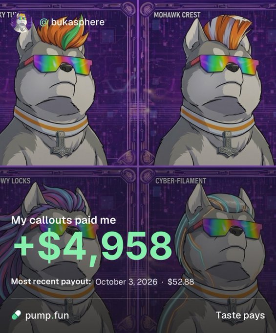 A social media graphic showing four variations of a bulldog character with rainbow sunglasses and different hairstyles (Mohawk Crest, Cyber-Filament), with text 'My callouts paid me +$4,958', 'Most recent payout: October 3, 2026 · $52.88', '@bukasphere', and 'pump.fun'.