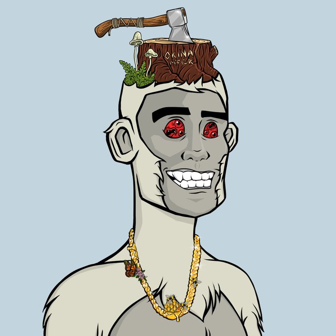 A cartoon illustration of a grey-skinned character with red eyes, a wide toothy grin, and a tree stump on their head featuring an axe, mushrooms, and the text 'OKINA WFLR'.