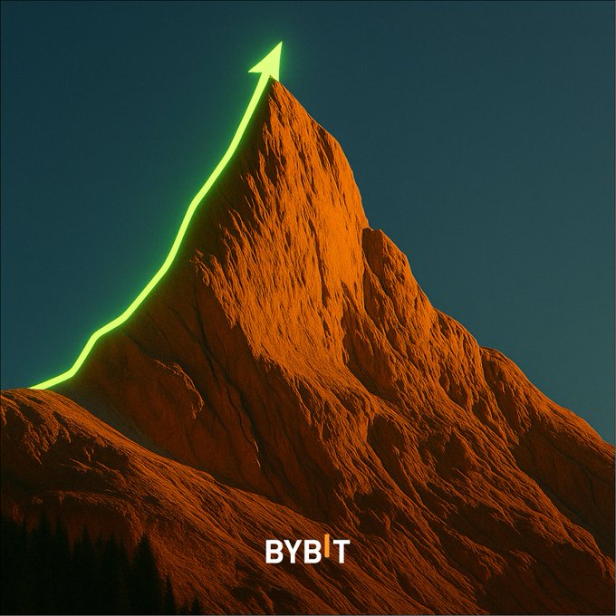 A stylized image of a rugged mountain peak with a glowing green arrow tracing an upward path to the summit against a dark blue sky, with the 'BYBIT' logo at the bottom.