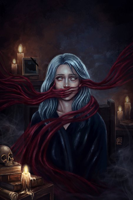 A dark, gothic digital painting of a pale woman with long silver hair, her mouth covered by flowing red fabric, surrounded by candles, a skull, and old books.