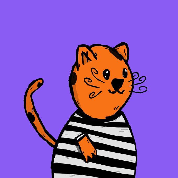 A cartoon illustration of a smiling orange tiger with black stripes and whiskers, wearing a black and white striped shirt, set against a solid purple background.