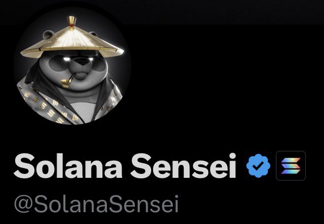 The image shows a Twitter/X profile for "Solana Sensei" (@SolanaSensei) featuring a panda avatar wearing a traditional Asian conical hat and robe with glowing eyes, set against a black background. Two verification badges appear next to the name: a blue checkmark and the colorful Solana logo checkmark. The accompanying post sarcastically questions whether owning a Solana profile badge automatically qualifies users for a large airdrop, mocking the common crypto marketing tactic of using badges and verification as bait for token giveaways.