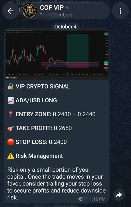 A Telegram message screenshot showing a 'VIP CRYPTO SIGNAL' for ADA/USD LONG with an entry zone of 0.2430-0.2440, take profit at 0.2650, and stop loss at 0.2400.