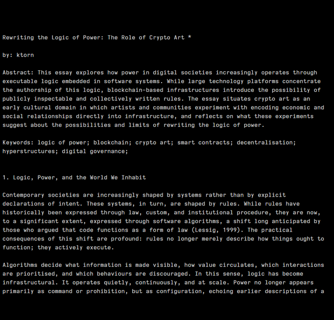 An academic text titled 'Rewriting the Logic of Power: The Role of Crypto Art' by ktorn, containing an abstract about how power operates through software systems and introducing blockchain-based infrastructures as an alternative, with keywords including logic of power, blockchain, and crypto art.