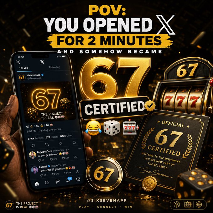 A promotional graphic for X (formerly Twitter) featuring the text "POV: YOU OPENED X FOR 2 MINUTES AND SOMEHOW BECAME 67 CERTIFIED," showing a phone displaying the @sixsevenapp profile with golden dice, slot machines, and a certificate celebrating the "67 family."