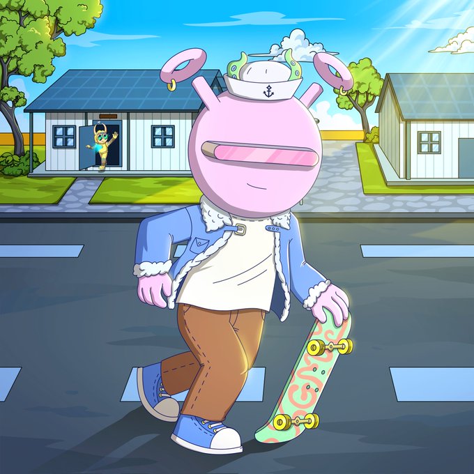 Cartoon illustration of a pink alien-like character wearing a sailor hat and blue jacket, carrying a skateboard in a suburban neighborhood setting.