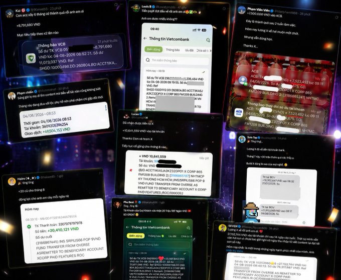 A collage of multiple screenshots displays Vietnamese-language financial transactions, trading instructions, and bank transfer details referencing VCB and THIEN DUC.