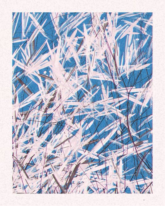 An abstract artwork featuring chaotic intersecting white, black, and gray brushstrokes over a textured blue background, framed by a white border.