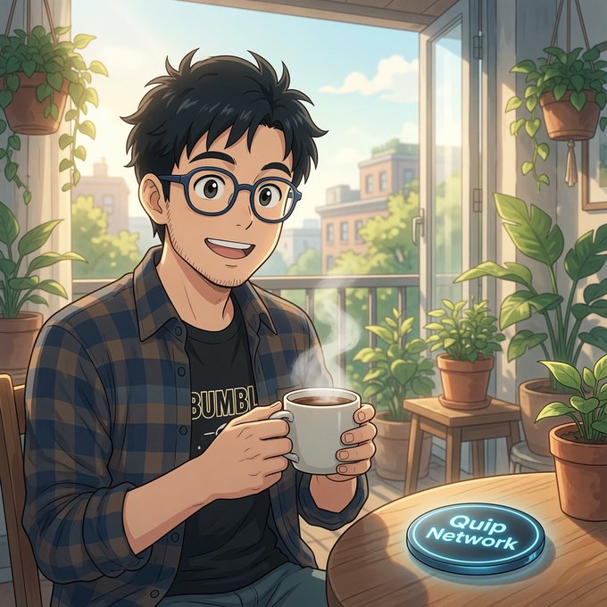 The image features a man sitting at a table, holding a cup of coffee and smiling. The background shows an open window overlooking a cityscape, giving off a peaceful vibe. There are potted plants placed around the room, adding a touch of nature to the scene. The caption reads "Good Morning, Legends Weekend morning mode activated- slow coffee, peaceful vibes, and naturally thinking about @quipnetwork". This post seems to be promoting a sense of calmness and relaxation while also highlighting the importance of taking time for oneself in today's fast-paced world.