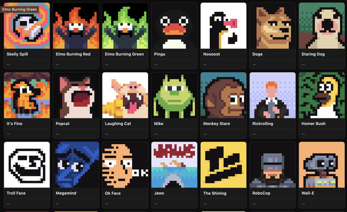 A grid of pixel art NFT-style meme characters includes popular figures like 'Elmo Burning Red', 'Doge', 'Staring Dog', 'Popcat', 'Rickrolling', 'Troll Face', and 'Wall-E'.