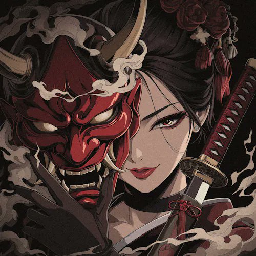A stylized illustration shows a woman with dark hair and a katana alongside a traditional red Japanese demon mask with horns, surrounded by smoke.