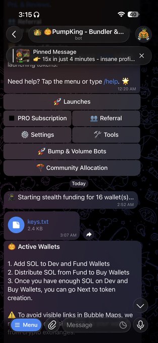 A Telegram bot menu for 'Pumpking - Bundler &...' displays options like Launches, PRO Subscription, Settings, and Bump & Volume Bots, along with messages about stealth funding and active wallets.