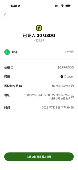 Mobile wallet confirmation screen showing '已充入 30 USDG' (~$29.99) at $0.99/USDG via X Layer network, transaction ID 0x748...47943, dated 2026年7月8日.