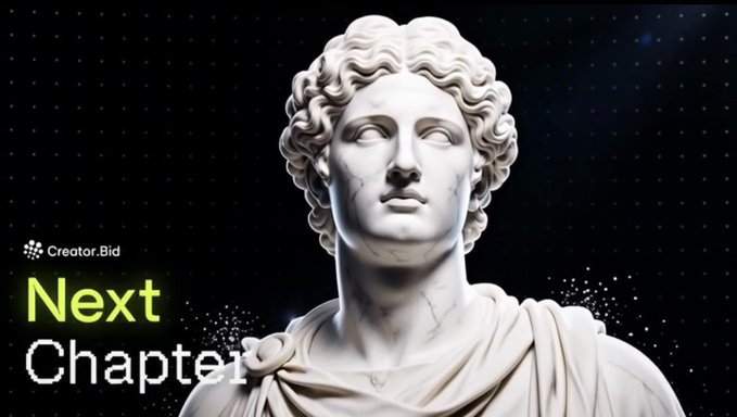 The image features a white statue of a man with curly hair wearing a robe or cape. The caption for the image reads "Next Chapter" above the statue. Below the statue, there is text that says " CreatorBid is pushing a different vision. Instead of trading yourself, you create an autonomous agent on Base, define its logic, and let it operate independently in live markets".