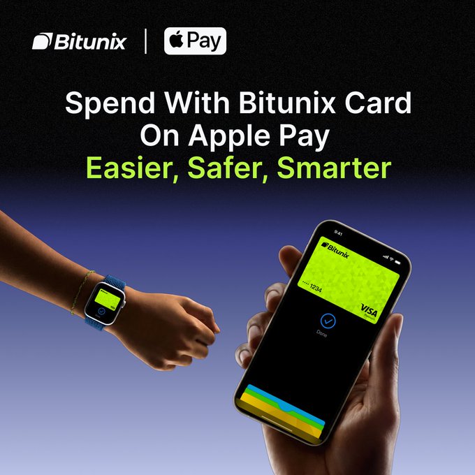 A person uses Apple Pay with the Bitunix Visa card on their iPhone and Apple Watch, with promotional text reading "Spend With Bitunix Card On Apple Pay — Easier, Safer, Smarter." The image visually reinforces the post's message of simplified, instant tap-to-pay convenience using Bitunix Card on Apple Pay.