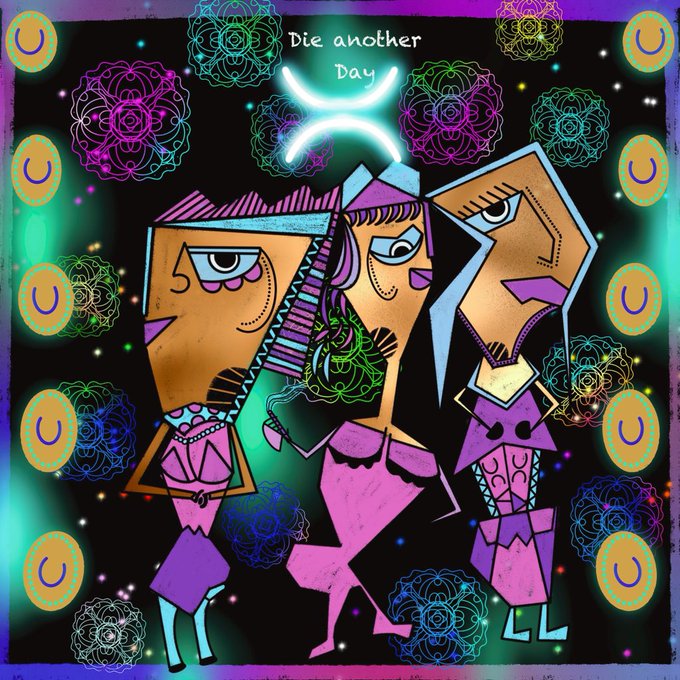 A colorful abstract illustration featuring three stylized figures with geometric features against a black background decorated with mandala patterns, smiley faces, and the text 'Die another Day' at the top.