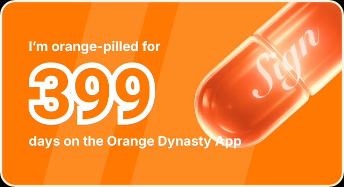 An orange promotional graphic for Sign reads 'I'm orange-pilled for 399 days on the Orange Dynasty App,' featuring a pill with 'Sign' written on it.