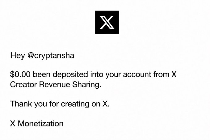 A screenshot of an X (Twitter) notification addressed to @cryptansha stating that '$0.00 been deposited into your account from X Creator Revenue Sharing.'
