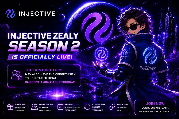 A promotional banner for 'INJECTIVE ZEALY SEASON 2 IS OFFICIALLY LIVE!' featuring an anime-style character and details about the Injective Ambassador Program.