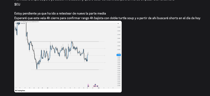 A TradingView chart in Spanish showing a price decline, with text mentioning waiting for a retest of the middle part and hoping for a 4h close to confirm a 4h range low low with a double turtle soup.