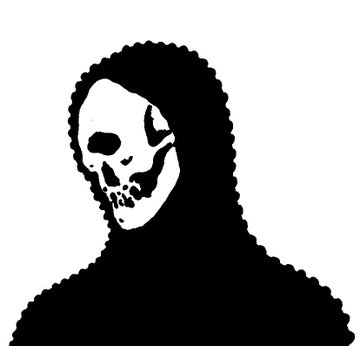A stark black and white silhouette illustration of a hooded figure wearing a skull-like mask.