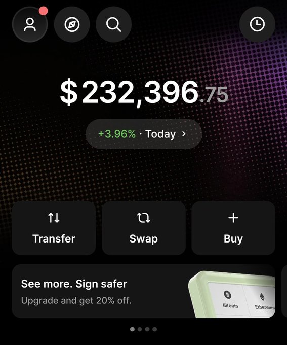 A crypto wallet app showing $232,396.75 with a +3.96% daily gain, featuring Transfer, Swap, and Buy buttons.