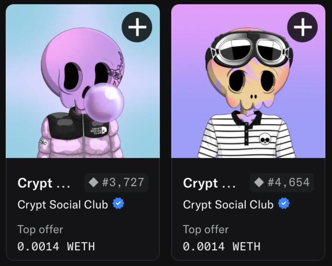 Two NFT listings from the 'Crypt Social Club' collection, showing cartoon characters (#3,727 with bubble gum and #4,654 with goggles) both priced at 0.0014 WETH.