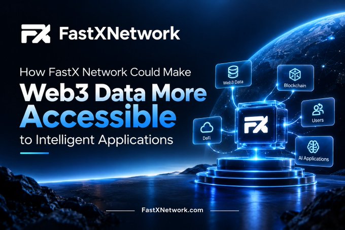 A promotional banner for FastXNetwork reading 'How FastX Network Could Make Web3 Data More Accessible to Intelligent Applications,' featuring a central FX logo connected to icons for Web3 Data, Blockchain, Users, AI Applications, and DeFi against a cosmic blue background.