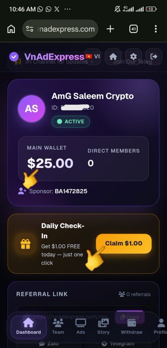 The screenshot shows a VN AdExpress dashboard displaying an account under the username "AmG Saleem Crypto" with an active status, a $25.00 main wallet balance, and a daily check-in button offering $1.00 to claim. This relates to the post by highlighting the platform being promoted as an earning opportunity, showcasing the referral program features like the daily check-in bonus that users can take advantage of.