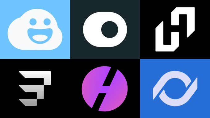 A grid of six cryptocurrency logos displayed on contrasting backgrounds.