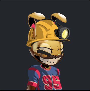 A 3D-rendered metallic gold bunny character wearing a hard hat with a headlamp and a blue and red sports jersey with the number '99'.