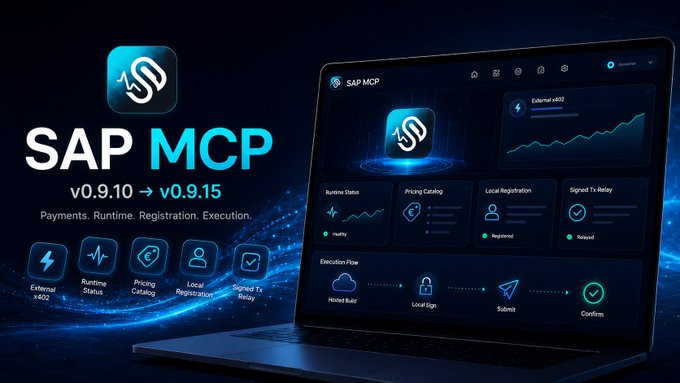 A promotional graphic for 'SAP MCP v0.9.10 → v0.9.15' showing a laptop displaying a dashboard interface with features like Runtime Status, Pricing Catalog, Local Registration, and Signed Tx Relay, with icons for External x402, Runtime Status, and Pricing Catalog below.