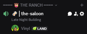 A dark digital interface displays stylized labels including 'THE RANCH', 'the saloon', 'Late Night Building', and 'Vinyl LAND', each accompanied by small graphic icons.