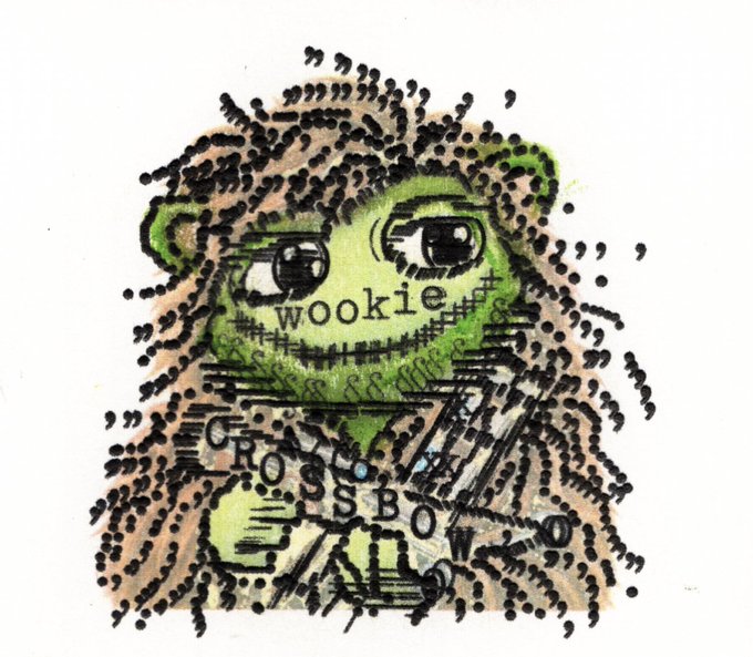 A mixed-media collage artwork depicts a green creature with large eyes and the word "wookie" stamped across its face, surrounded by a halo of comma-like marks and crossed-out text reading "CROSSBOW".