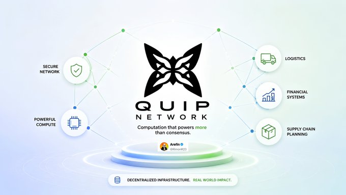 A promotional graphic for 'QUIP NETWORK' features a butterfly logo and describes 'Computation that powers more than consensus,' highlighting secure network, powerful compute, logistics, financial systems, and supply chain planning.