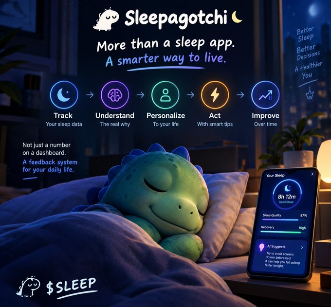Promotional graphic for "Sleepagotchi" featuring a cute dinosaur plush toy on a bed alongside a smartphone displaying sleep stats (8h 12m, 87% Sleep Quality) and icons for Track, Understand, Personalize, Act, and Improve.