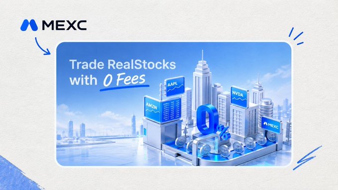 Promotional graphic for MEXC exchange featuring a 3D cityscape with stock tickers AAPL, AMZN, NVDA, and MEXC, with text reading 'Trade RealStocks with 0 Fees.'