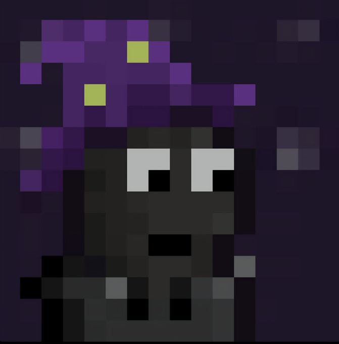 A pixel art image set against a dark purple background, depicting a blocky, dark gray creature. The figure has white rectangular eyes with black pupils and is surrounded by floating purple and lime green pixelated squares.