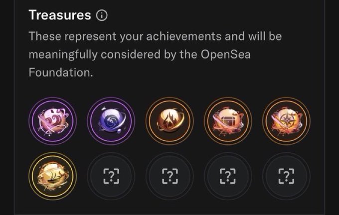 A screenshot of an OpenSea 'Treasures' page displaying various achievement badges, with the text 'These represent your achievements and will be meaningfully considered by the OpenSea Foundation.'