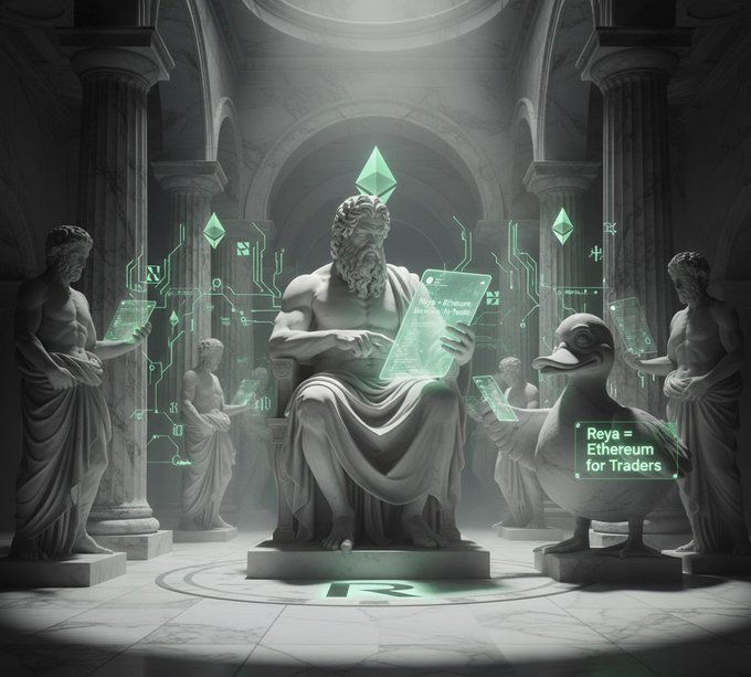 A classical statue of a bearded figure (resembling a Greek philosopher) sits on a throne examining a holographic screen labeled 'Reya Ethereum for Traders,' with a duck holding a similar display nearby, set in an ancient Greek temple with green Ethereum-themed tech overlays.