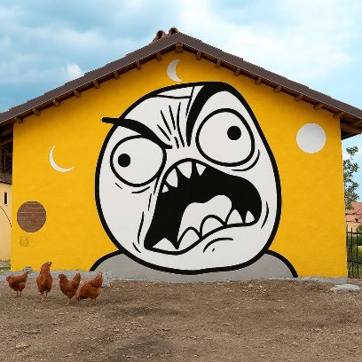 A large mural of an angry, screaming cartoon face painted in black and white on the yellow gable end of a building, with several brown chickens walking in the dirt in front of it.