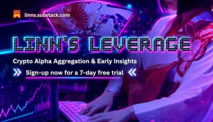 A neon-styled advertisement with pink and blue lighting for 'LINN'S LEVERAGE' displaying 'Crypto Alpha Aggregation & Early Insights' and 'Sign-up now for a 7-day free trial' over a background of a person typing.