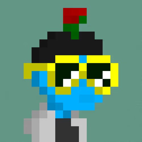 A pixel art character portrait featuring a blue-skinned figure wearing yellow sunglasses, a red/green hat, and a white coat against a teal background.